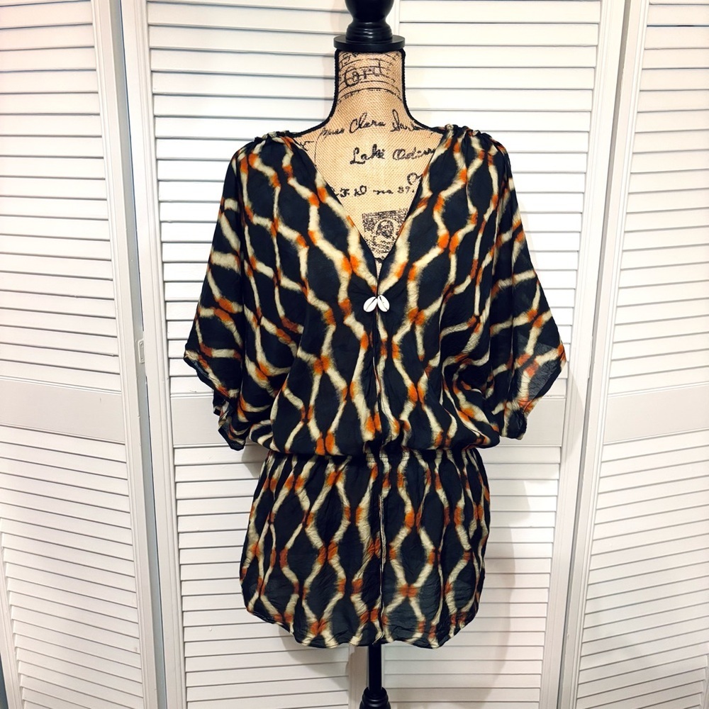 Figue Geometric Patterned Tunic Top Blouse Size Small S Navy Blue Orange Tan